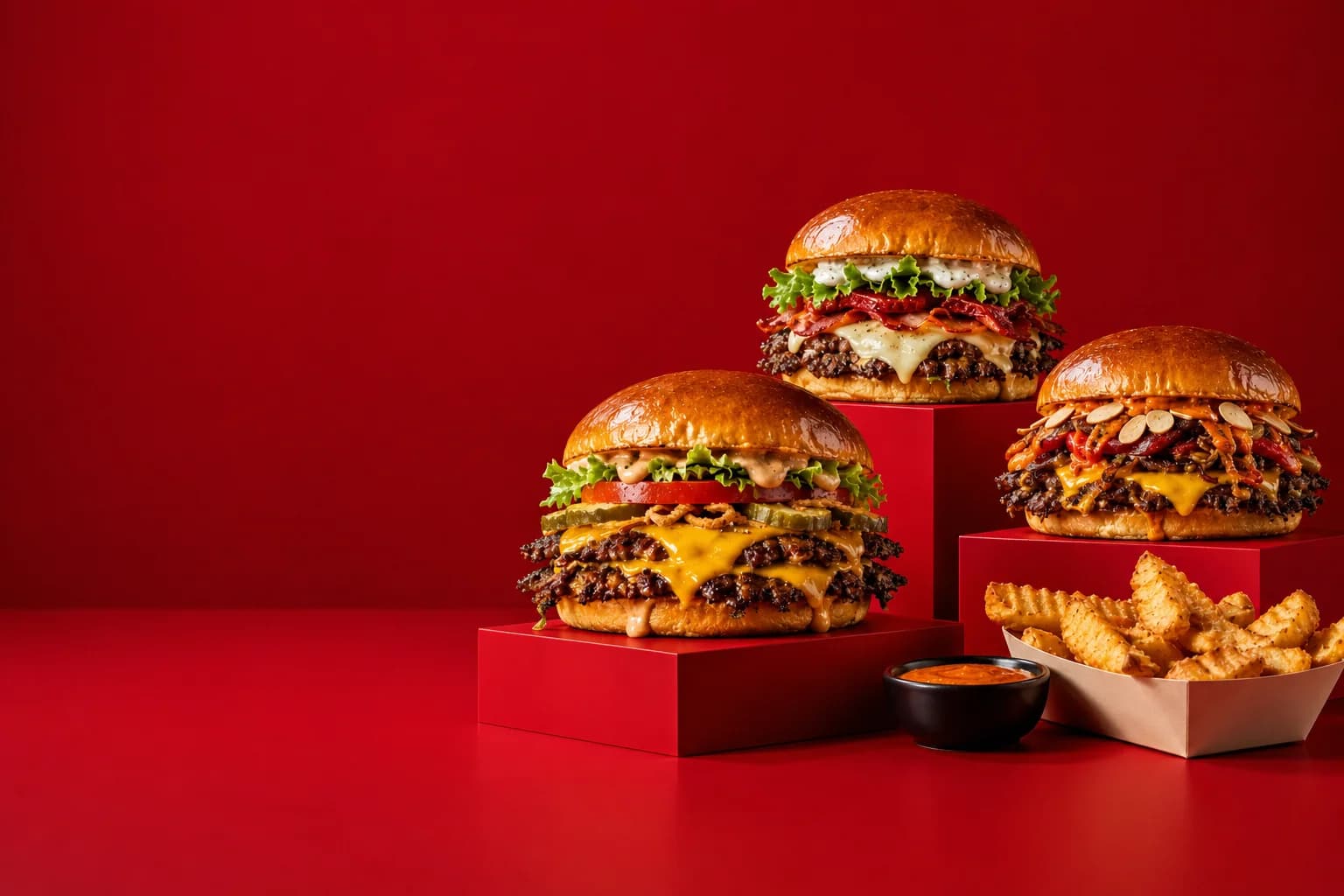 Selezione di smash burger DRIBA 212 con patatine su fondale rosso